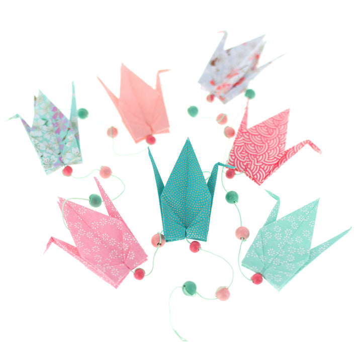 Garland of 7 Origami Cranes - Pink, Water Green and Duck Blue - GR3