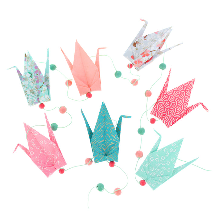 Garland of 7 Origami Cranes - Pink, Water Green and Duck Blue - GR3