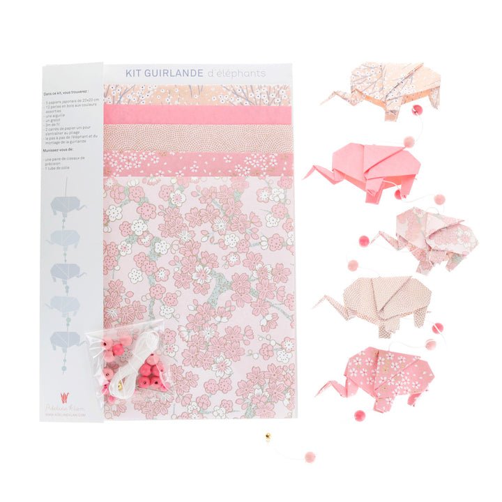 Kit Guirlande d'Éléphants en Origami - Rose Clair et Moyen, Or et Argent - Sakura