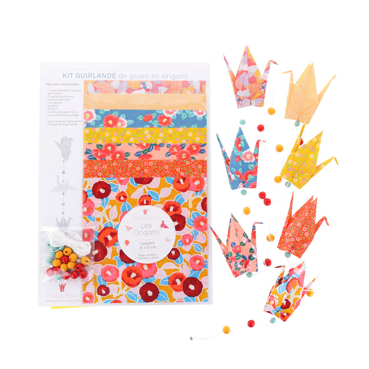 Kit Guirlande de Grues en Origami - Jaune Moutarde, Rouge Orange et Bleu - Singapour - A7