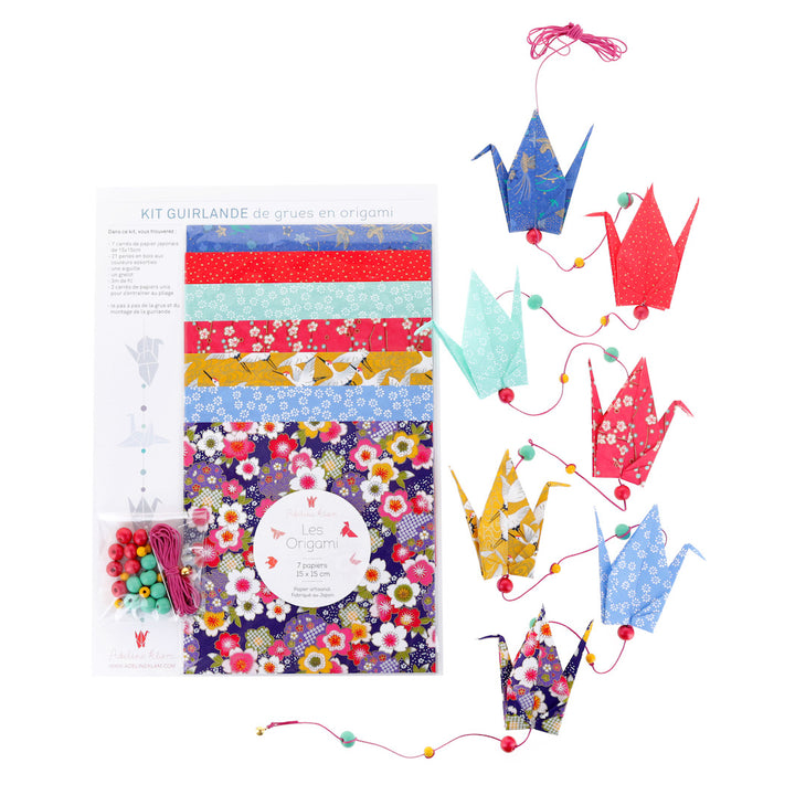 Kit Guirlande de Grues en Origami - Bleu Nuit et Ciel, Rouge, Rose, Vert d'Eau et Jaune - Arc en Ciel - Y5