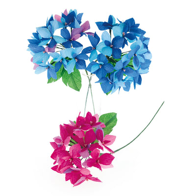 photo packshot des hortensia réalisés mises en vase du kit bouquet d'hortensia en crépon dans les tons bleu clair et foncé, rose fuschia et mauve « quimper » adeline klam