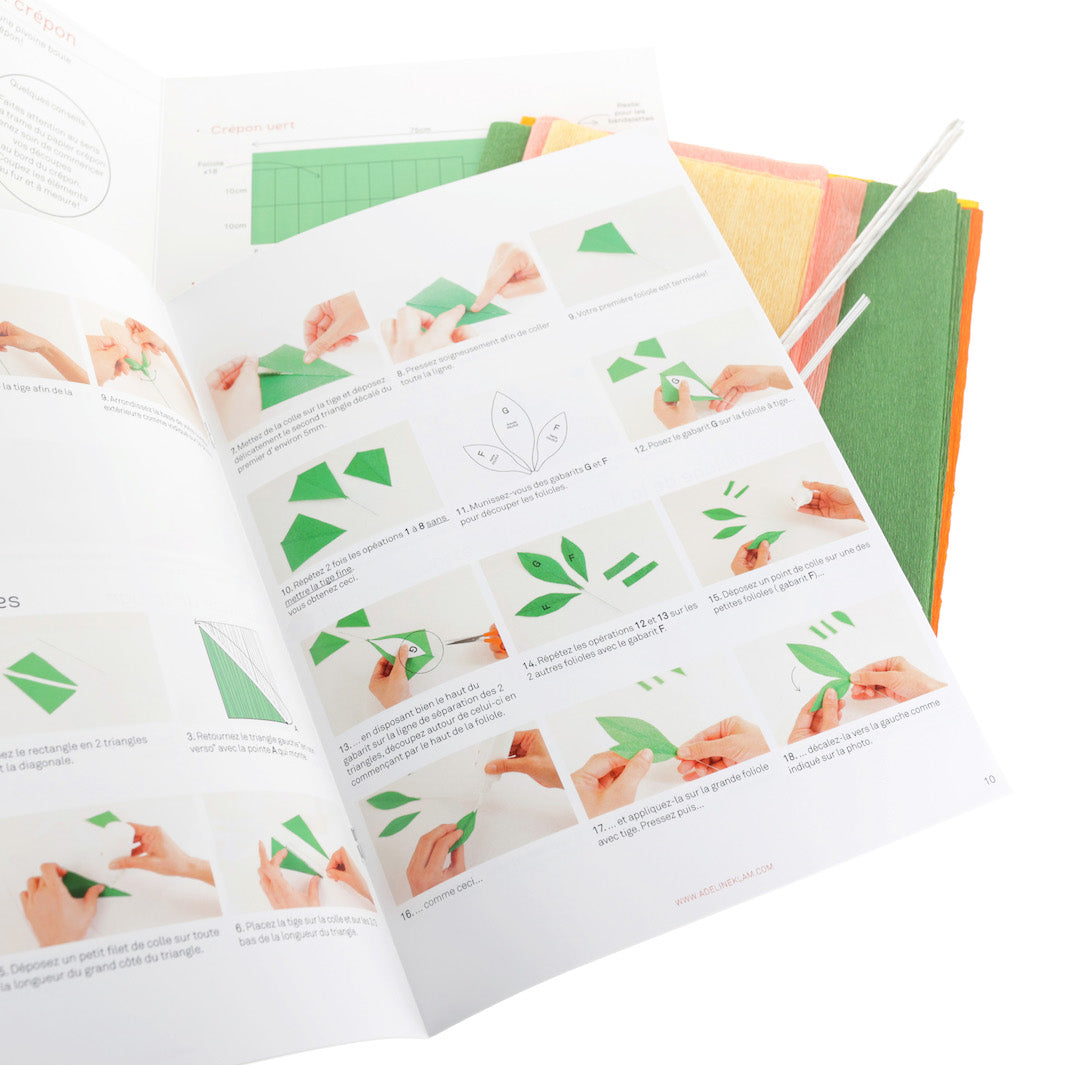 photo packshot de l'intérieur du livret explicatif du kit bouquet de pivoines en crépon dans les tons jaunes, orange, saumons et verts adeline klam