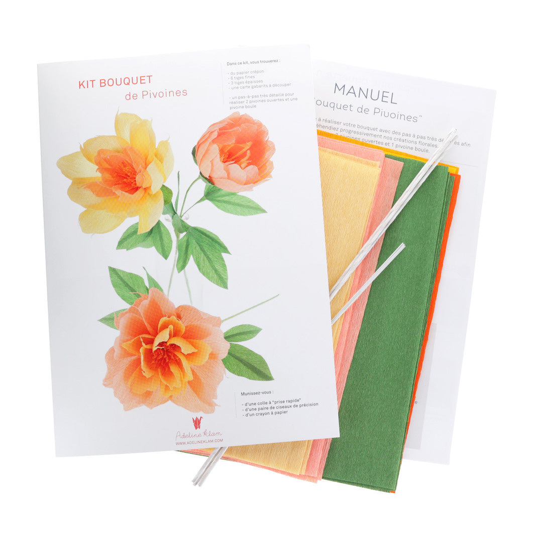 photo packshot du kit bouquet de pivoines en crépon dans les tons jaunes, orange, saumons et verts adeline klam