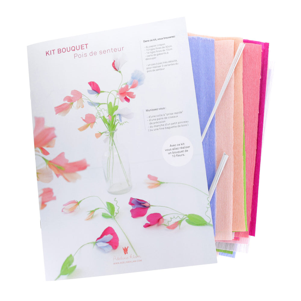 photo packshot du kit bouquet pois de senteur en crépon dans les tons roses, mauve, bleus et vert adeline klam