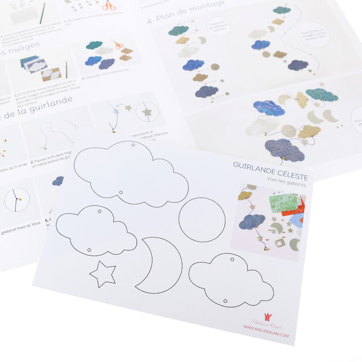 photo packshot du livret explicatif et des gabarits du kit guirlande de nuages céleste adeline klam