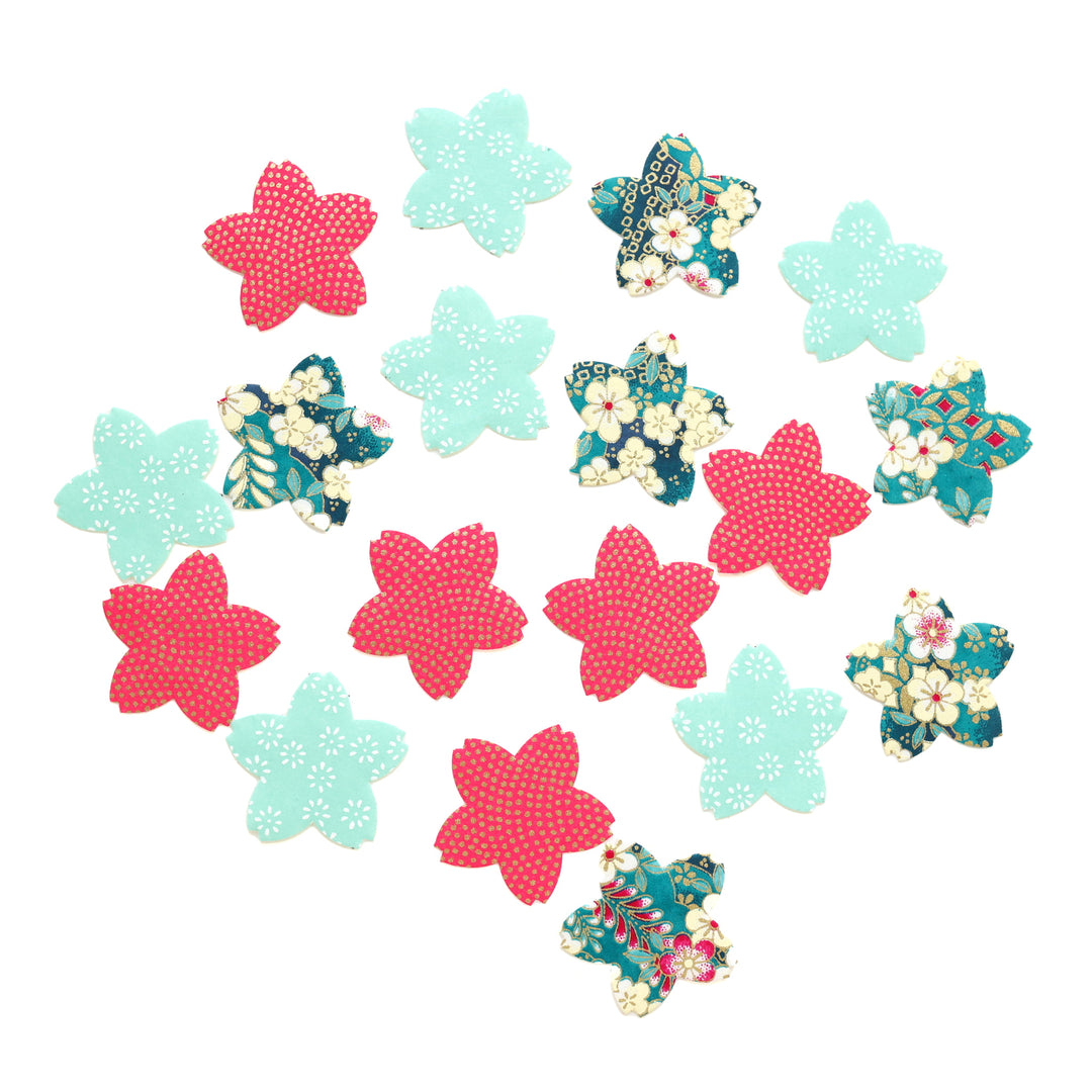 photo packshot du lot de 18 stickers sakura en papier japonais adeline klam dans les tons vert d'eau, rouge rose et bleu canard « hibicus »