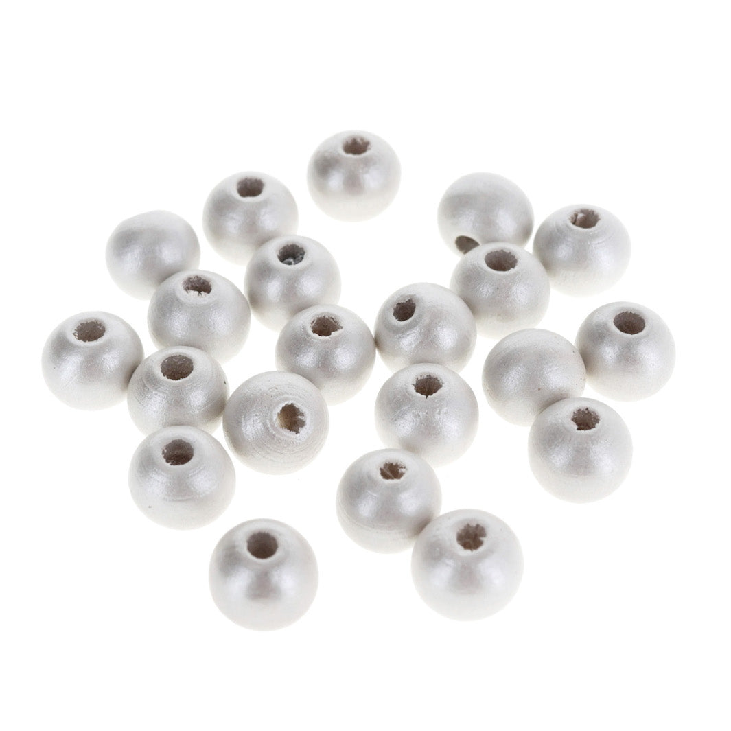 photo packshot d'un lot de 20 perles en bois métallisée de 10mm de diamètre de couleur blanc