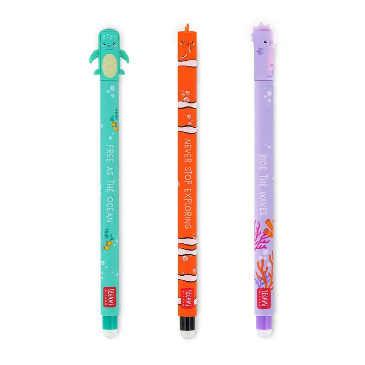 photo packshot du lot de 3 stylos gel effaçables « under the sea » aux encres turquoise, noires et violettes et à la pointe 0,7mm legami