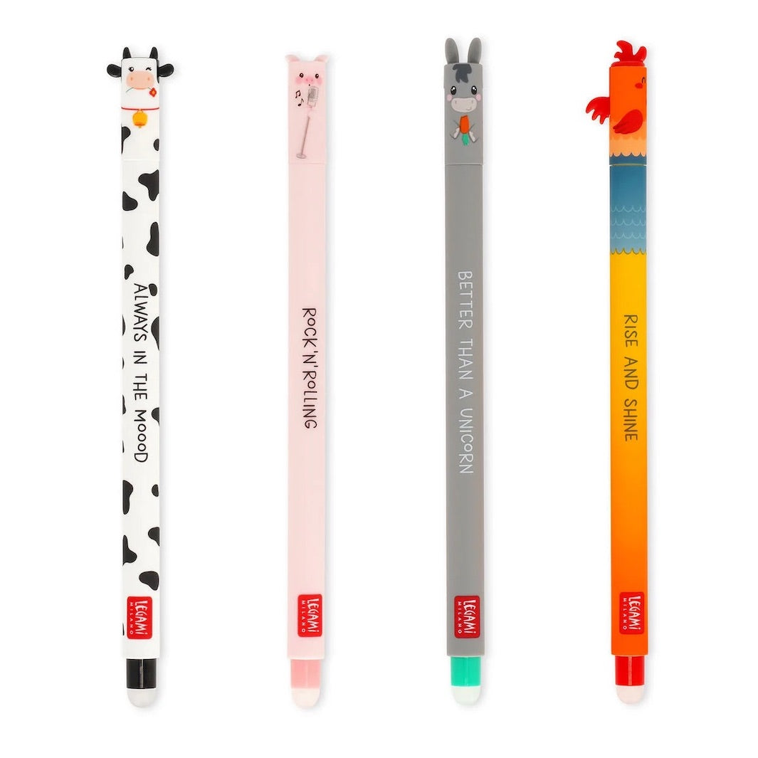photo packshot du lot de 4 stylos gel effaçables en forme de vache, de cochon, d'âne et de coq aux encres noires, roses, vertes et rouge et à la pointe 0,7mm legami