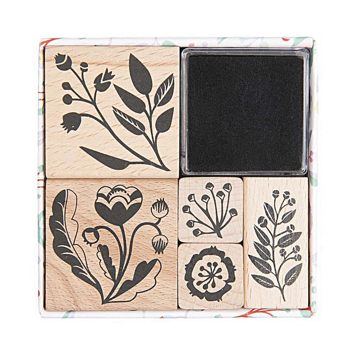photo packshot du lot de 5 tampons aux motifs de fleurs et de feuillages scandinaves rico design