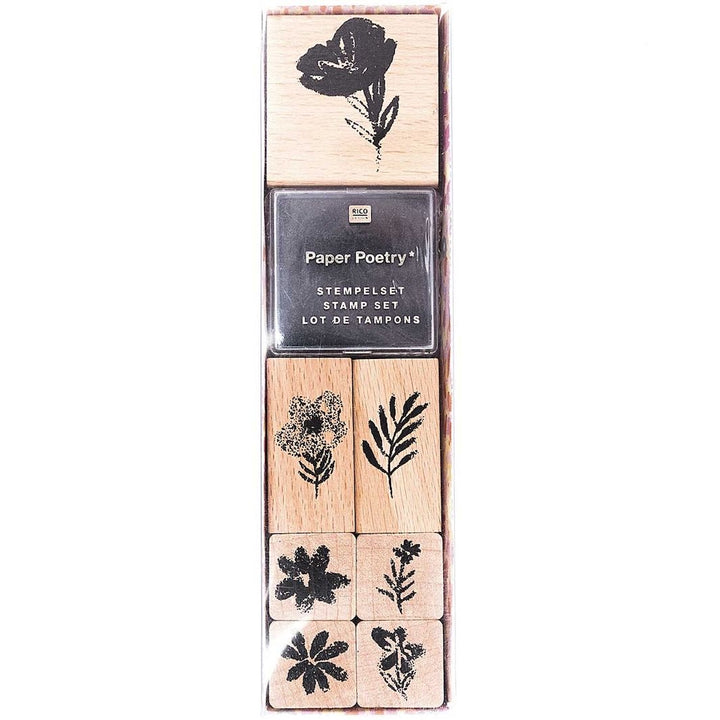 photo packshot du lot de 7 tampons aux motifs de fleurs variées dessinées aux pastels gras rico design
