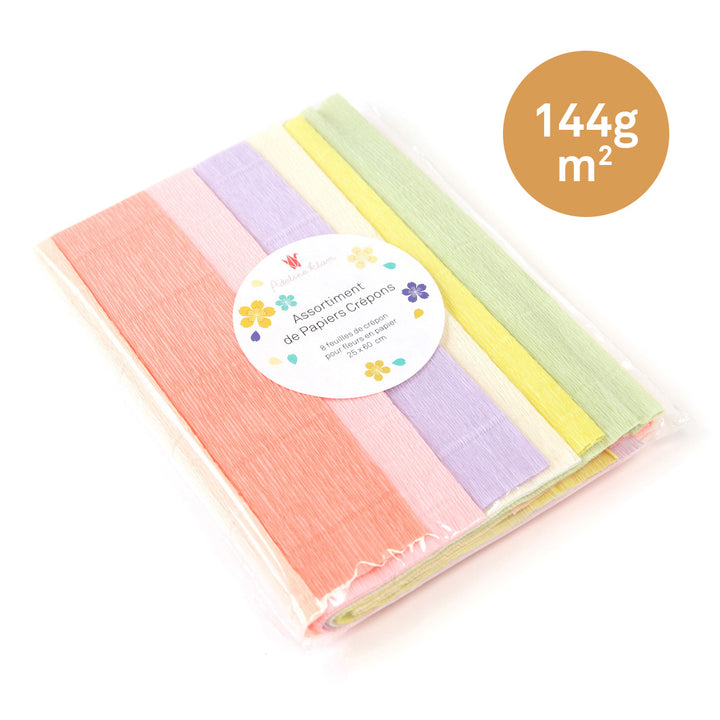 photo packshot d'un lot de 8 papiers crépon épais dans les tons jaunes, roses, corail, lilas et verts « pastel » de 25cm par 60cm en 144g/m2