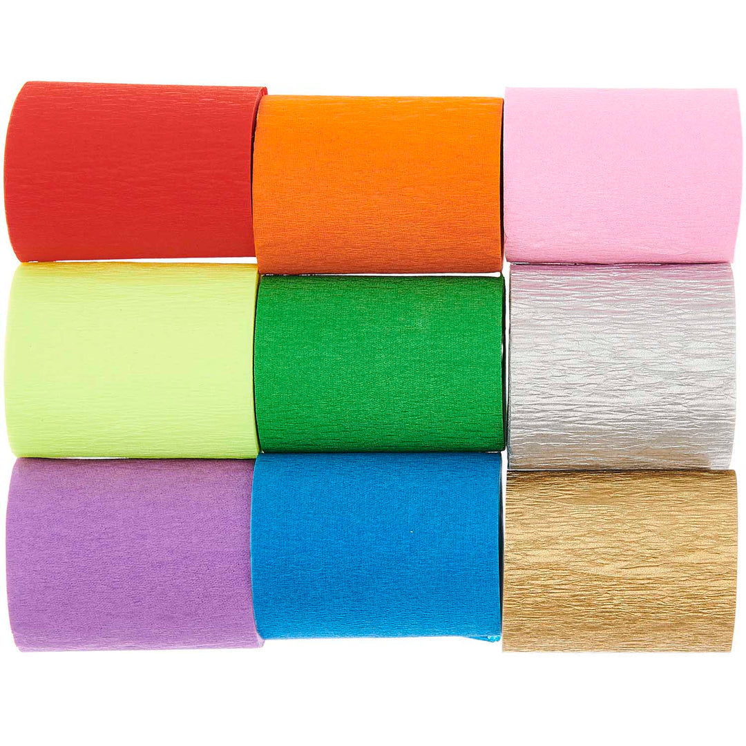 photo packshot du lot de 9 rouleaux de papier crépon fin dans les tons multicolores