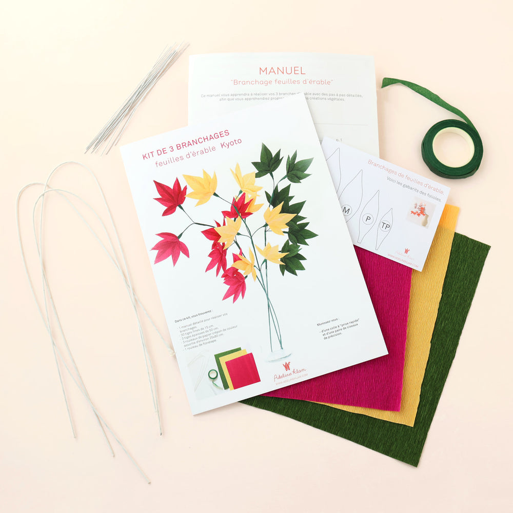 photo packshot du manuel et des fournitures et du matériel du kit 3 branchages de feuilles d'érable en crépon dans les tons rose pourpre, jaune moyen, vert foncé « kyoto » adeline klam