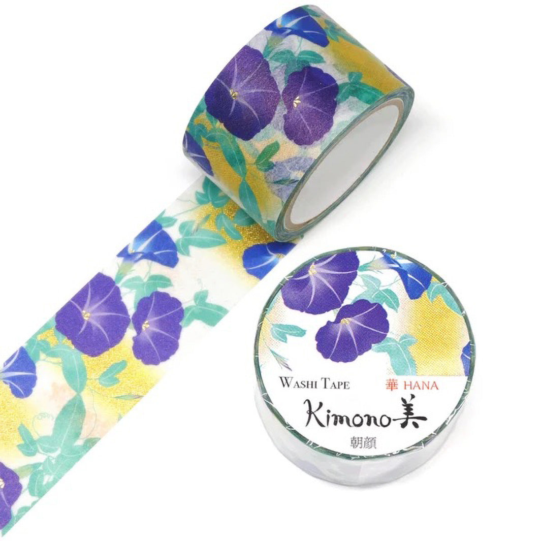 photo packshot d'un masking tape au motifs d'ipomées dans les tons violets, bleus, verts, blancs et dorés