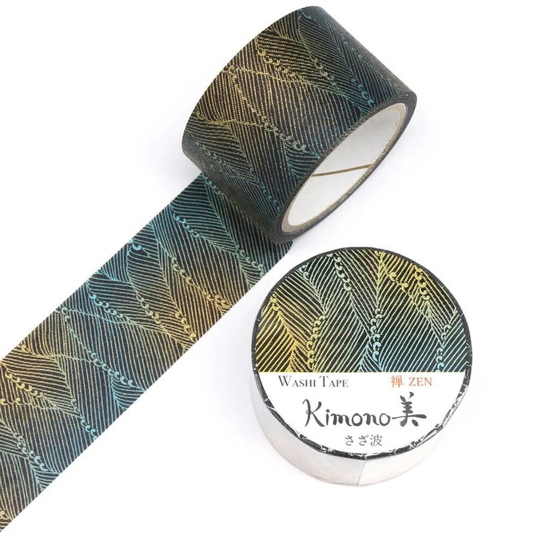 photo packshot d'un masking tape au motifs de vagues dans les tons noirs, bleus et dorés