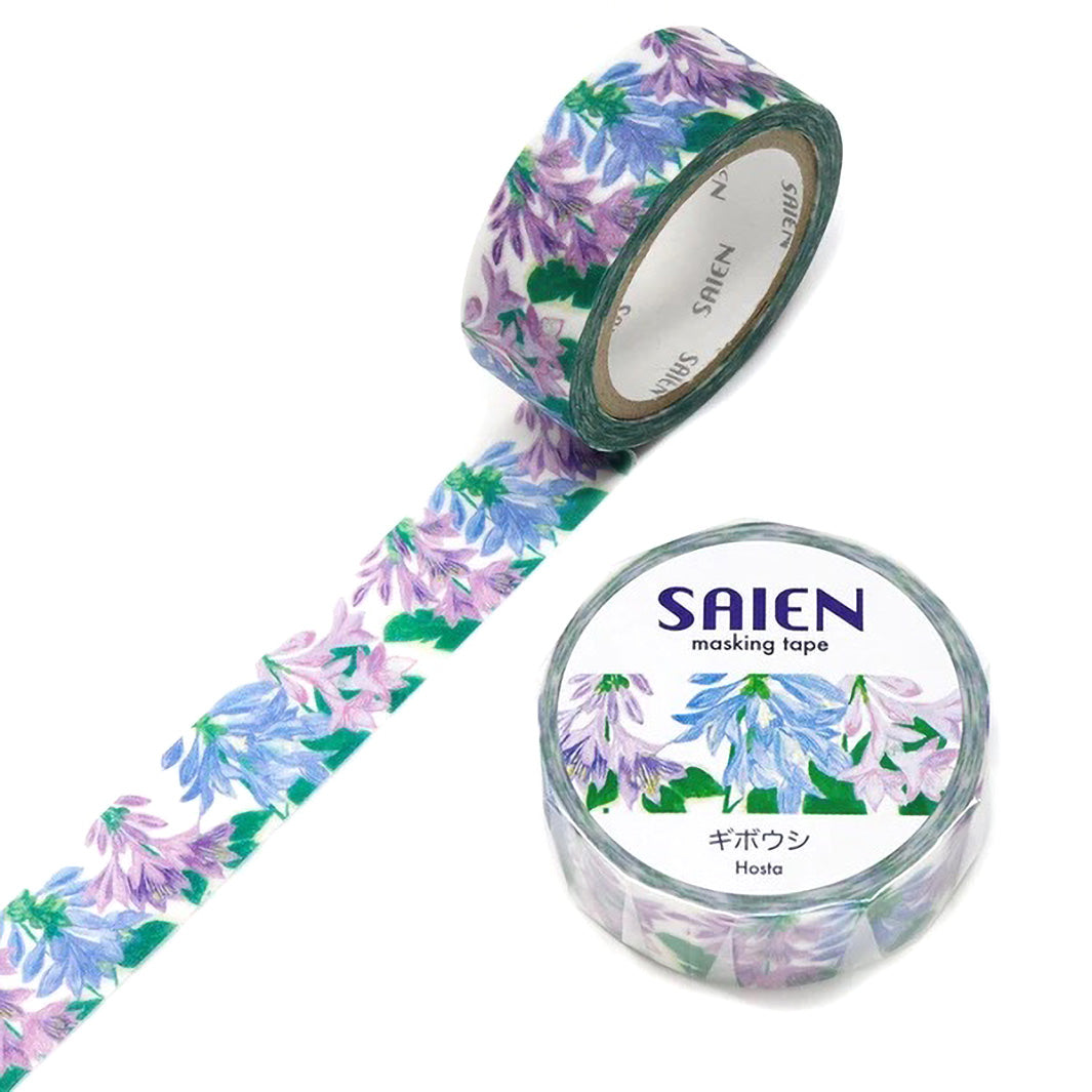 photo packshot d'un masking tape au motifs d'hostas dans les tons mauve, bleus et verts