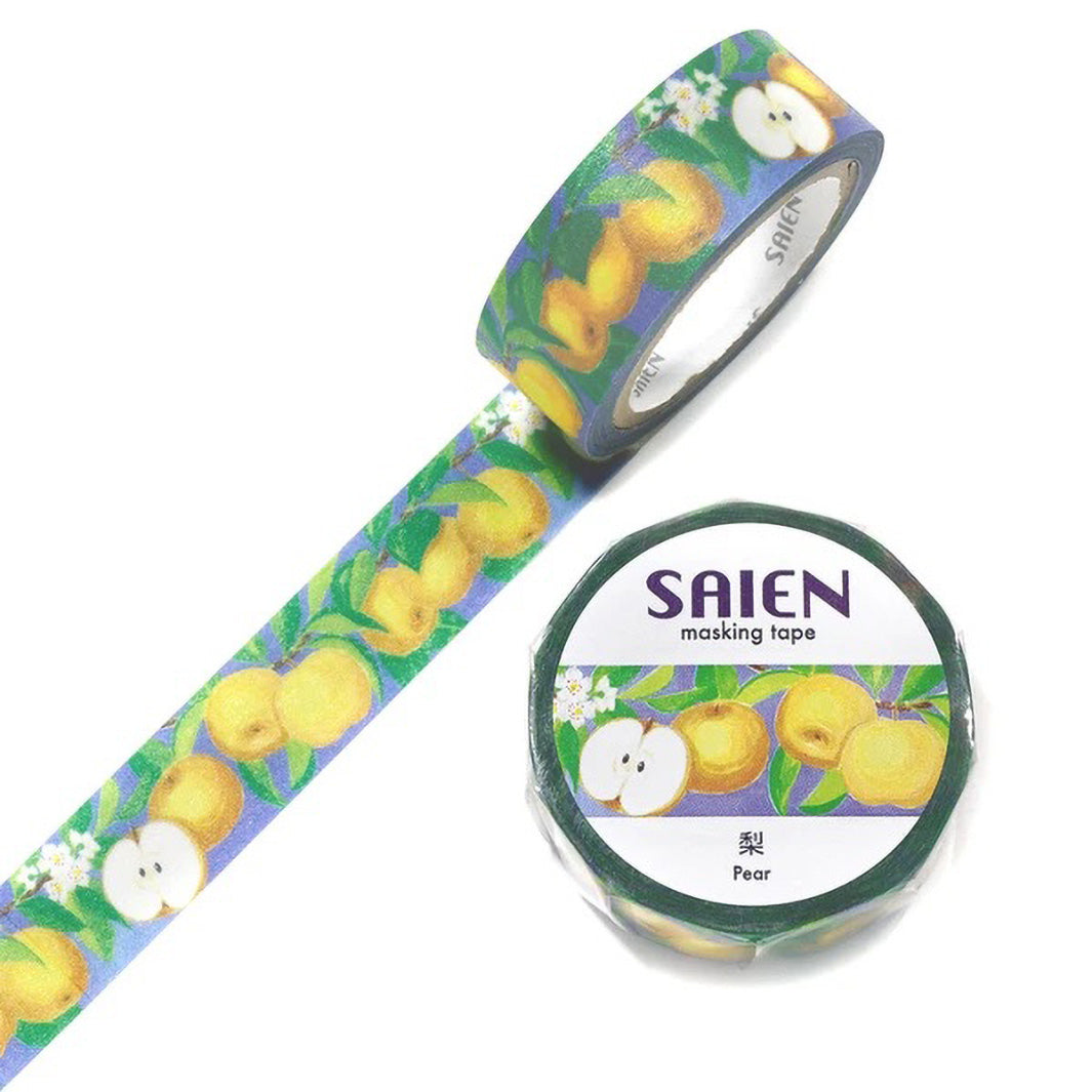 photo packshot d'un masking tape au motifs de poires japonaises dans les tons jaunes, verts et bleus