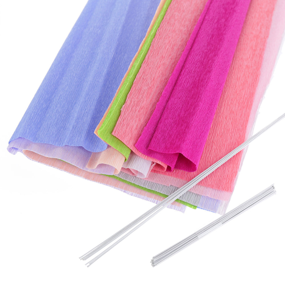 photo packshot du matériel du kit bouquet pois de senteur en crépon dans les tons rose clair, rose fuschia, mauve, bleu et vert adeline klam