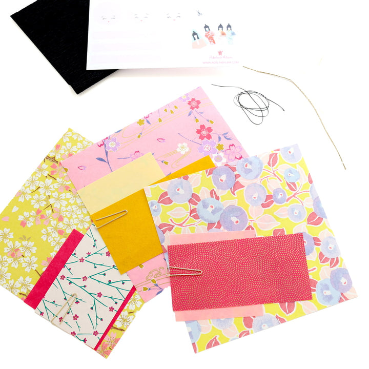 photo packshot du matériel du kit poupées japonaises « iris » dans les tons jaunes, violet lilas et roses adeline klam