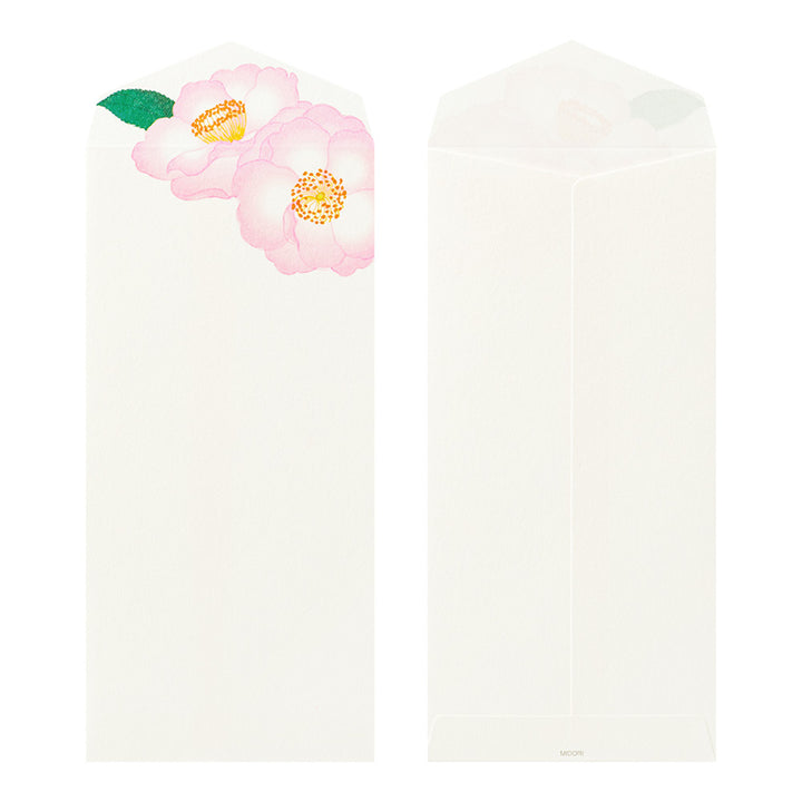 photo packshot d'un modèle d'enveloppe du lot de 8 enveloppes japonaises « camélia sasanqua » de 90 par 188mm de la marque midori