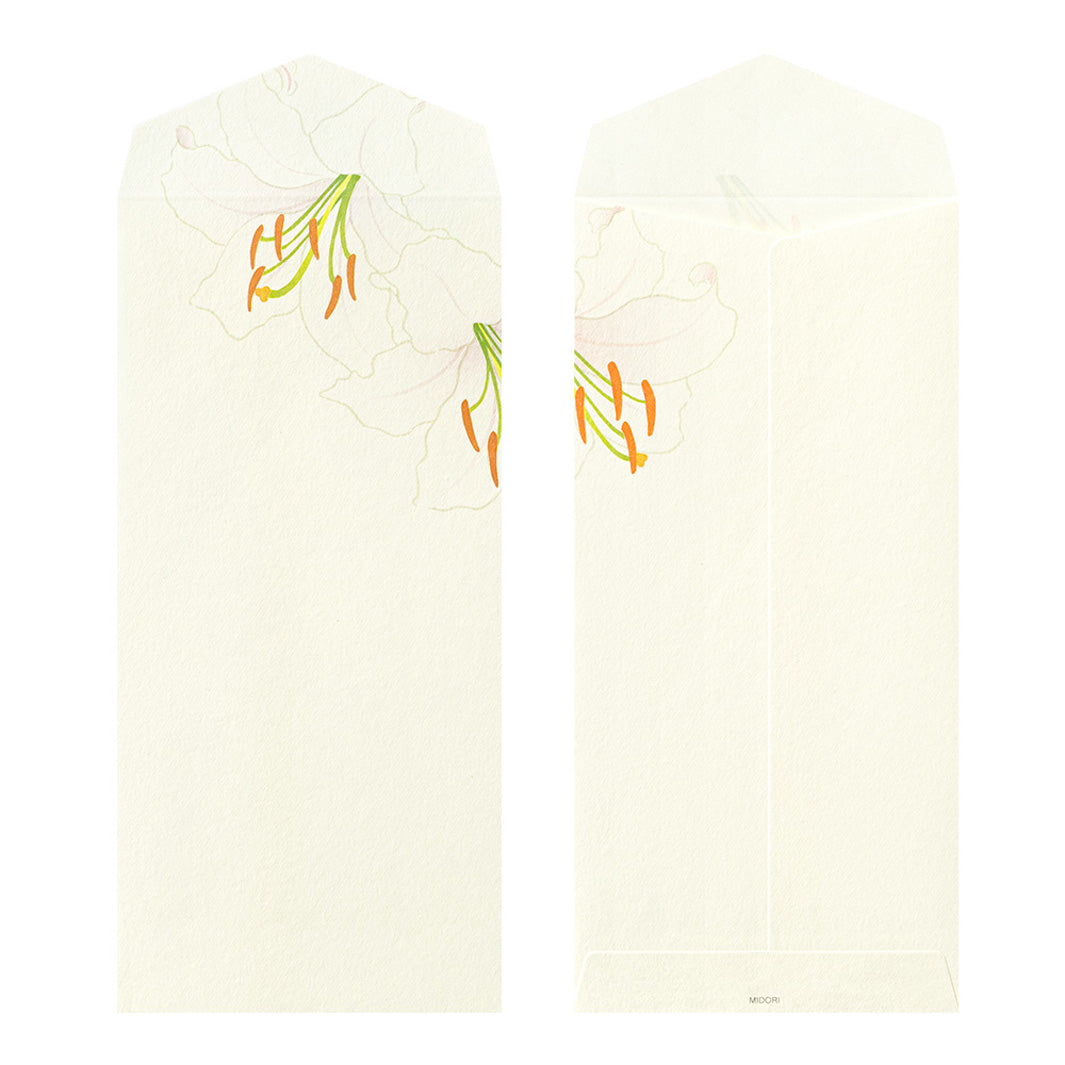 photo packshot d'un modèle d'enveloppe du lot de 8 enveloppes japonaises « fleurs d'été » de 90 par 188mm de la marque midori