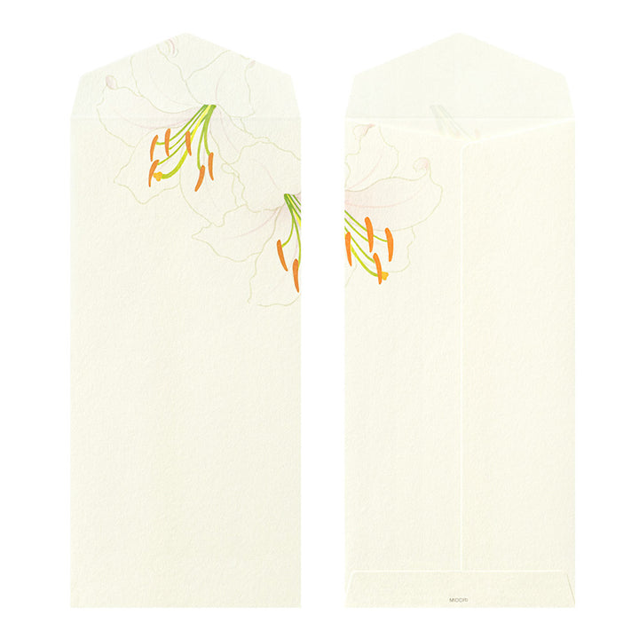 photo packshot d'un modèle d'enveloppe du lot de 8 enveloppes japonaises « fleurs d'été » de 90 par 188mm de la marque midori