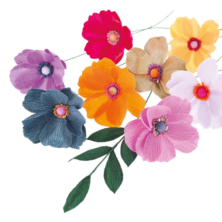 photo packshot des modèles de fleurs du kit bouquet d'anémones « esmeralda » orange, bleu canard, vert foncé, mauve, lilas et prune adeline klam