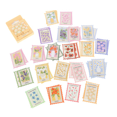 photo packshot des différents motifs du lot de 46 stickers en forme de timbres floraux multicolores