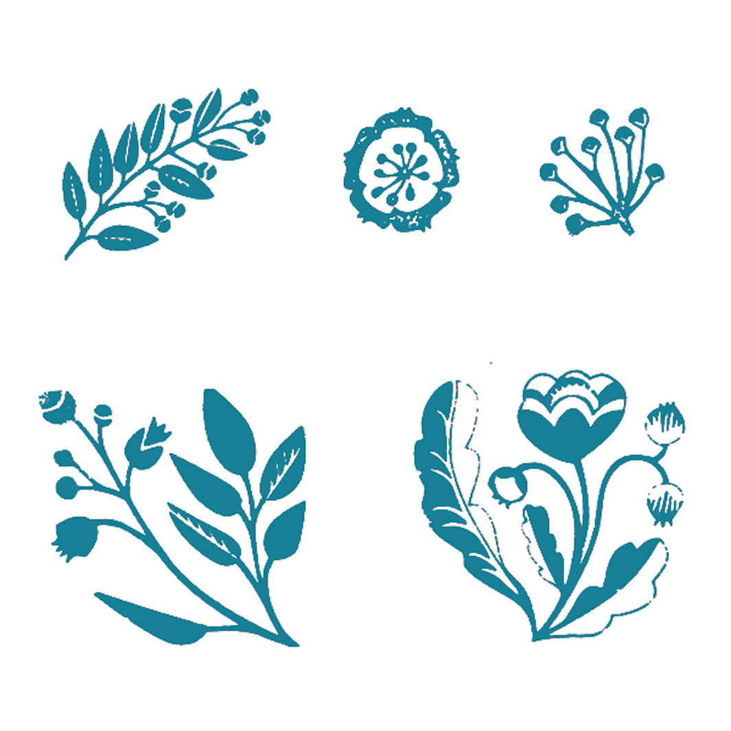 photo packshot des motifs du lot de 5 tampons aux motifs de fleurs et de feuillages scandinaves rico design