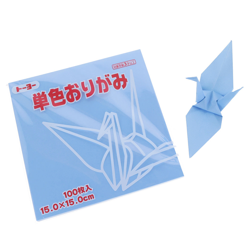 photo packshot du packaging et d'une grue montée du set de 100 papiers origami unis bleu bleuet toyo