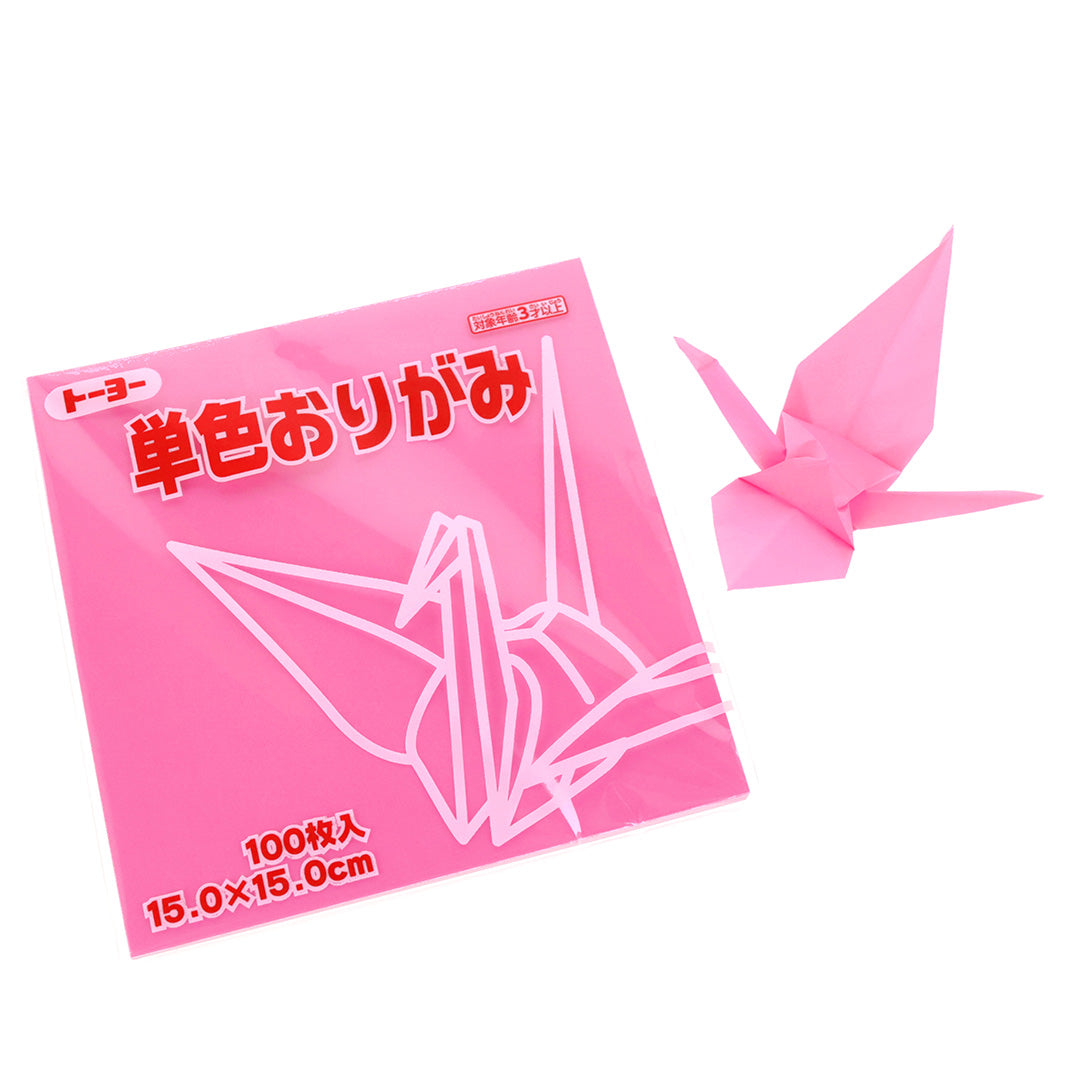 photo packshot du packaging et d'une grue montée du set de 100 papiers origami unis rose bubble gum toyo