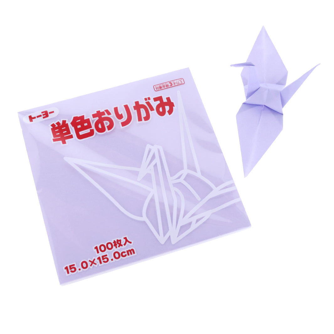 photo packshot du packaging et d'une grue montée du set de 100 papiers origami unis violet lilas toyo