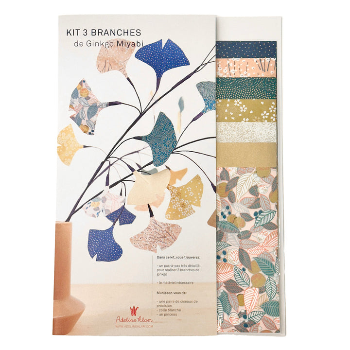 photo packshot du packaging du kit 3 branches de ginkgo dans les tons jaune moutarde, rose clair, bleu nuit et bleu canard « miyabi » adeline klam