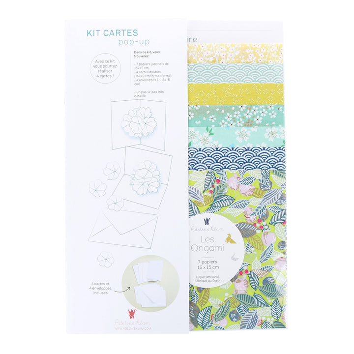 photo packshot du packaging du kit 4 cartes pop-up jaune acidulé, vert d'eau et bleu foncé « lime » K6 adeline klam