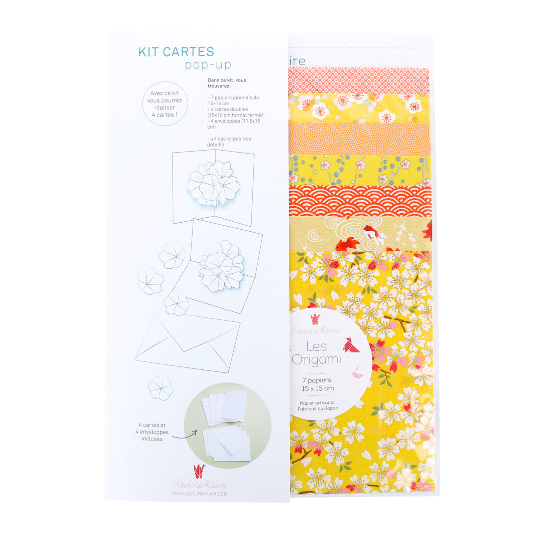 photo packshot du packaging du kit 4 cartes pop-up jaune, orange et rouge « soleil » A5 adeline klam