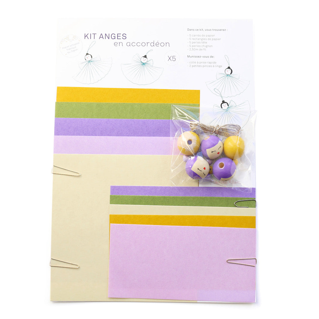 photo packshot du packaging du kit anges accordéon jaune moutarde, vert prairie, violets et lilas « primevère » adeline klam