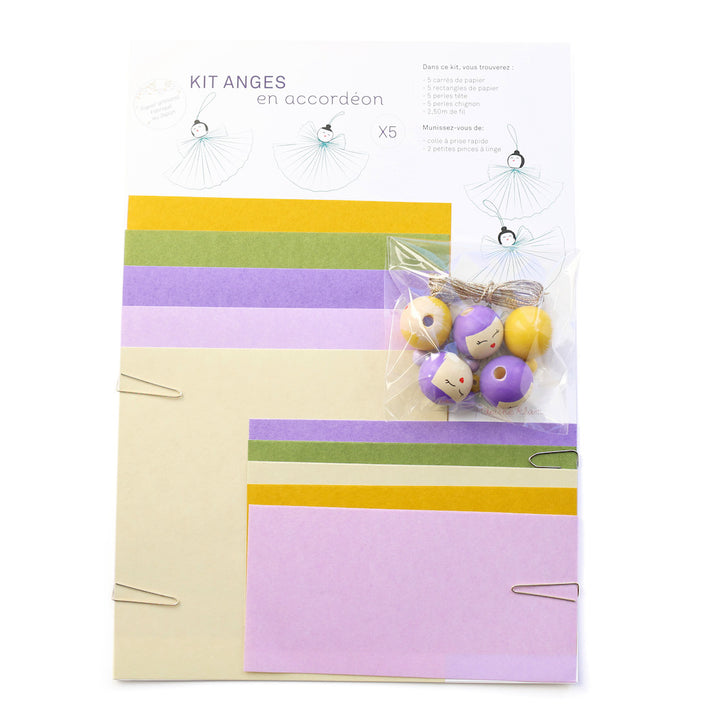 photo packshot du packaging du kit anges accordéon jaune moutarde, vert prairie, violets et lilas « primevère » adeline klam