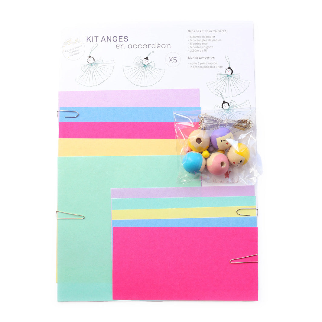 photo packshot du packaging du kit anges accordéon lilas, bleu pervenche, rose fluo, jaune canari et vert d'eau « confettis » adeline klam