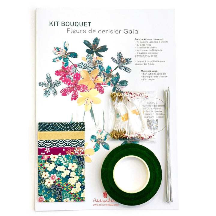 photo packshot du packaging du kit fleurs de cerisier bleu canard, rose pourpre et or jaune « gala » adeline klam