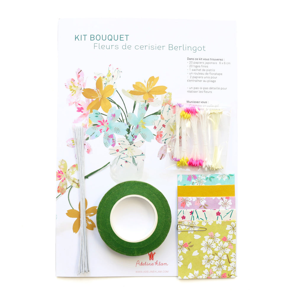 photo packshot du packaging du kit bouquet de fleurs de cerisier dans les tons violet lilas, dorés et orange fluo « baya » adeline klam