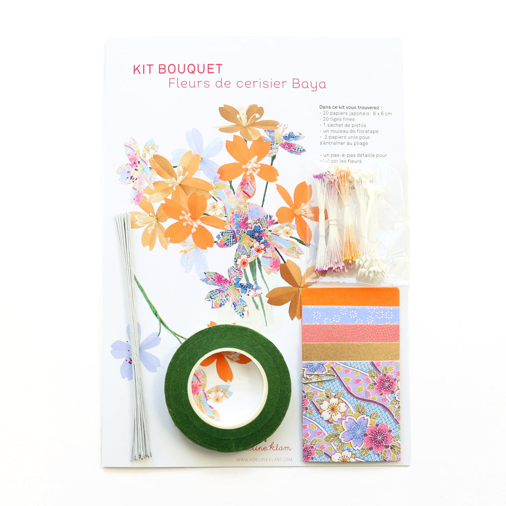 photo packshot du packaging du kit bouquet de fleurs de cerisier dans les tons violet lilas, dorés et orange fluo « baya » adeline klam