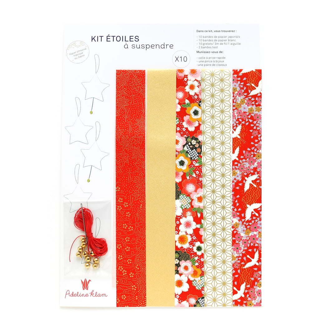 photo packshot du packaging du kit étoiles à suspendre dans les tons rouge orange, blancs et doré « rubis » adeline klam