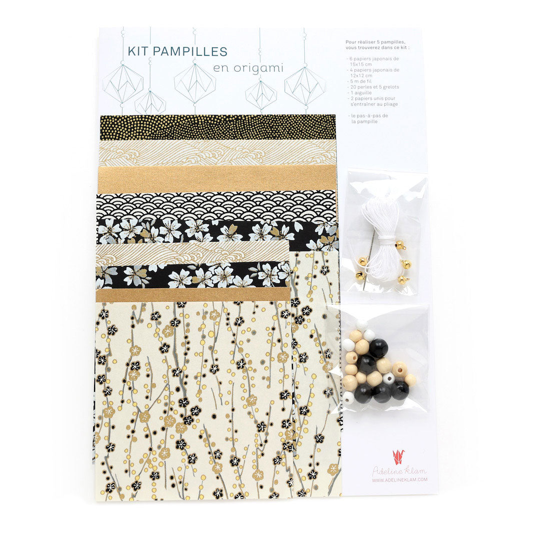 photo packshot du packaging du kit pampilles noirs, blanc creme et dorés « gatsby » adeline klam