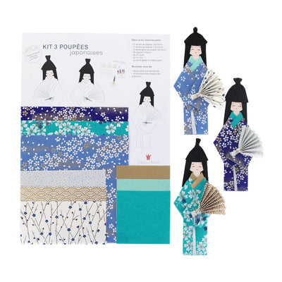 photo packshot du packaging du kit poupées japonaises « okinawa » dans les tons bleu nuit, bleu turquoise, blanc crème et dorés adeline klam