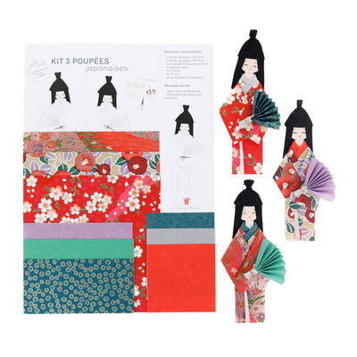 photo packshot du packaging du kit poupées japonaises « goji » dans les tons rouges, bleu canard, vert d'eau et mauve adeline klam