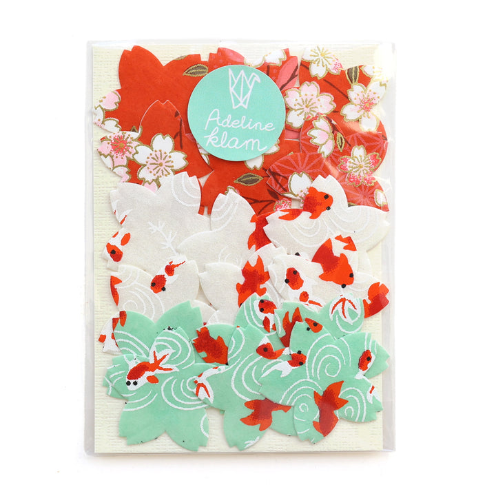 photo packshot du packaging du lot de 18 stickers sakura en papier japonais adeline klam dans les rouge orange, blanc crème et vert d'eau « koï »