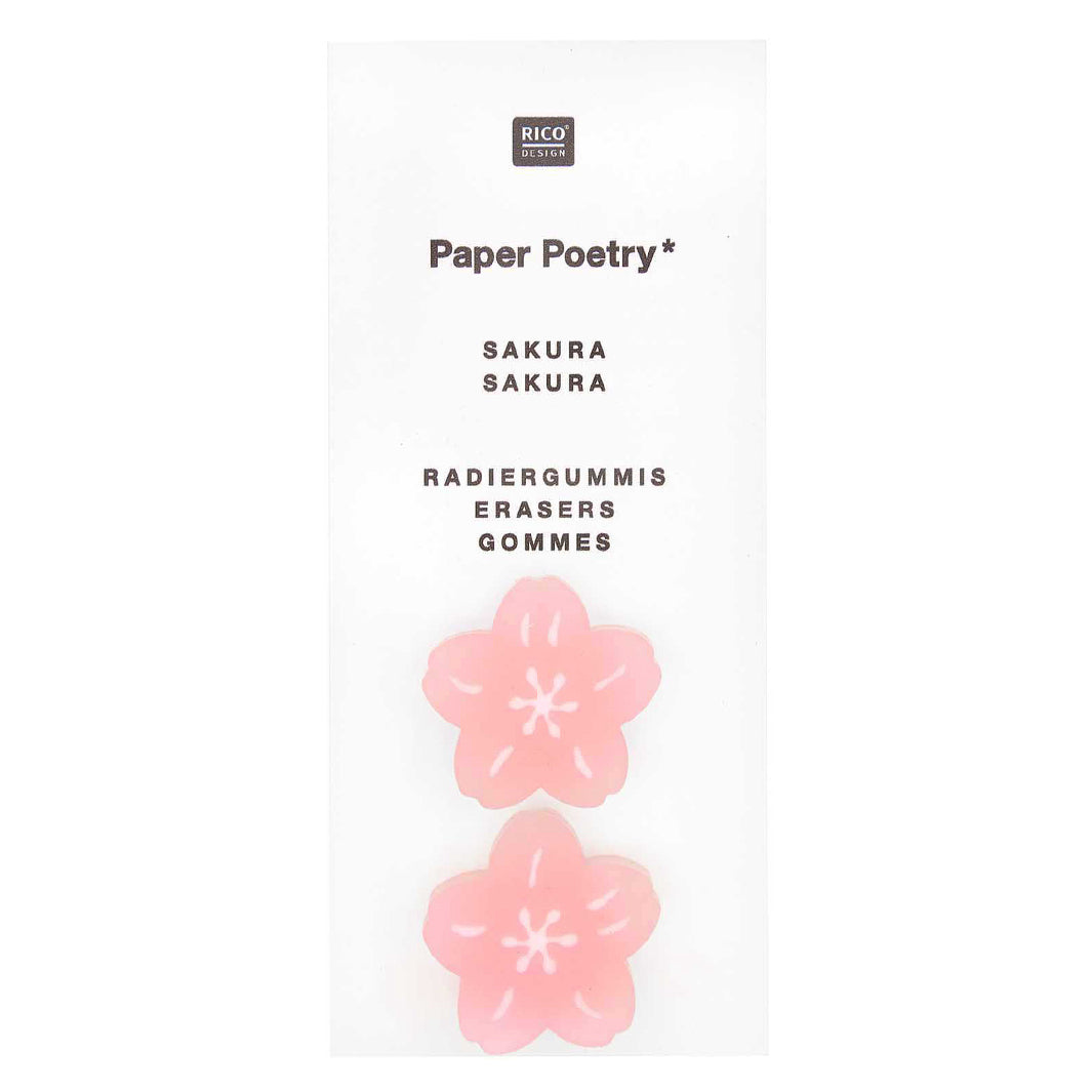 photo packshot du packaging du lot de 2 gommes en forme de fleurs de cerisier rose moyen rico design