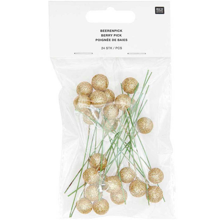 Lot de 24 Baies sur Tiges - Pailleté, Or Jaune